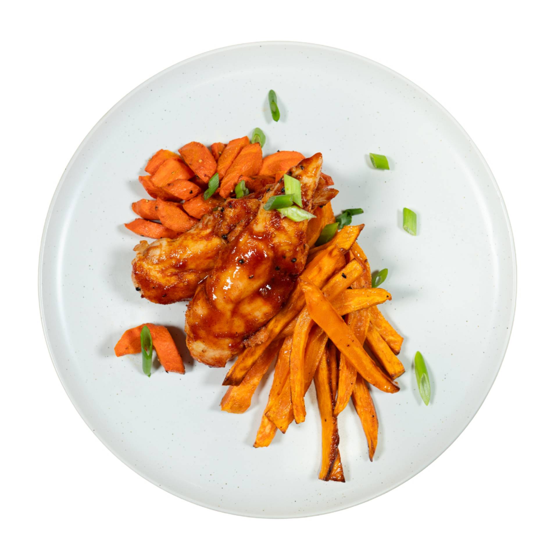 BBQ Chicken Strips + Sweet Potato Fries + Carrots