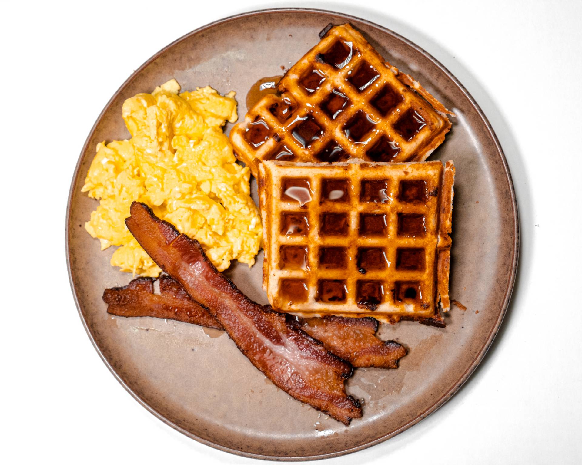 Protein Waffles + Scrambled Eggs + Bacon